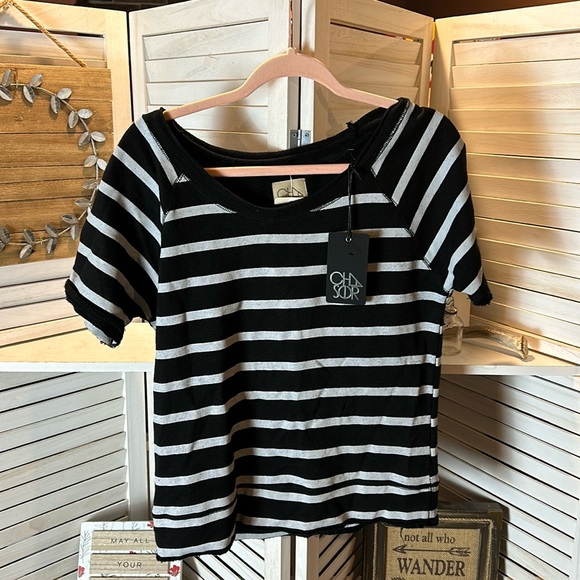 Chaser Tops - Chaser Striped Shirt Linen Blend NWT Distressed Black and Gray